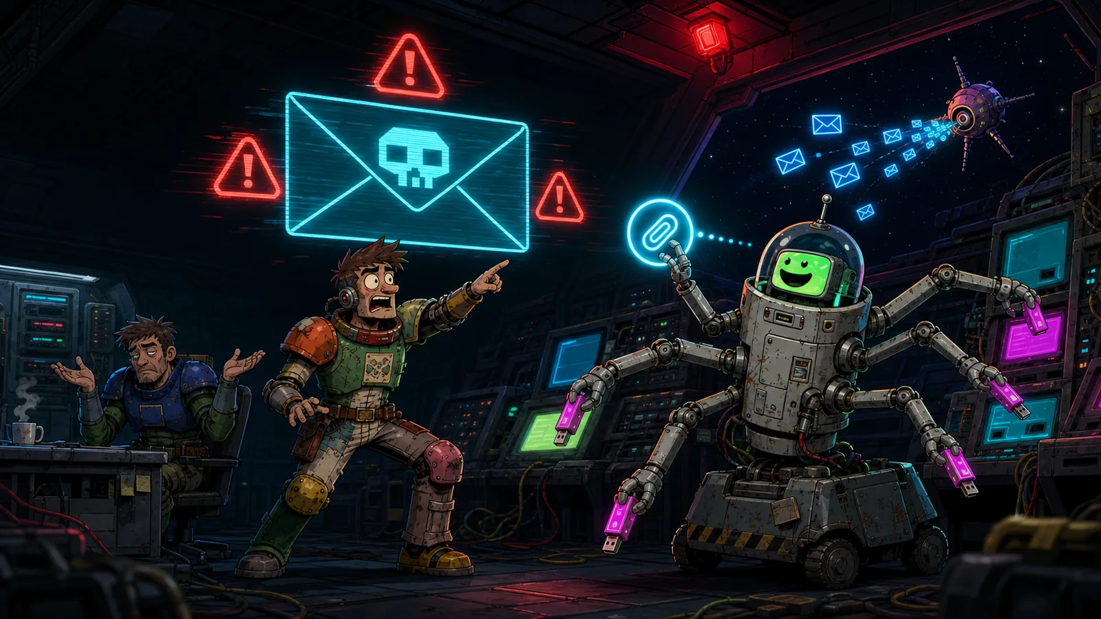 The crew warns an AI robot about an obvious phishing message.
