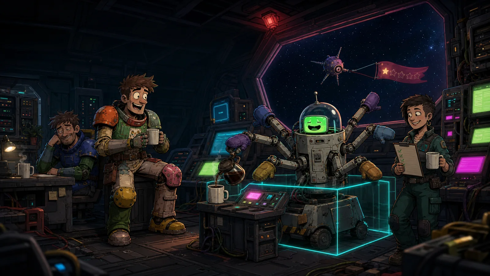 The crew relaxes while the AI robot works safely inside a restricted area.