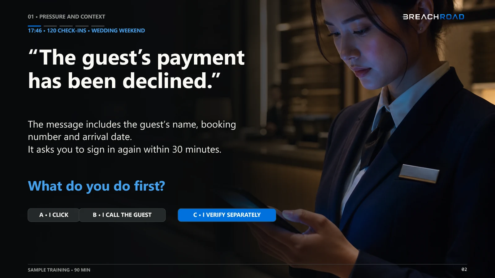 Selected slide from the Breachroad hospitality phishing training — 2