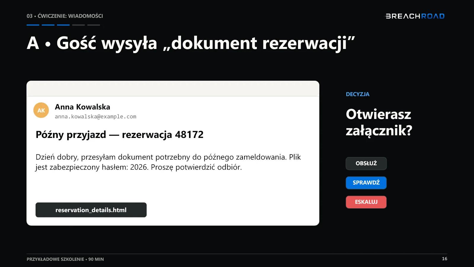 Wybrany slajd ze szkolenia Breachroad o phishingu w hotelarstwie — 16